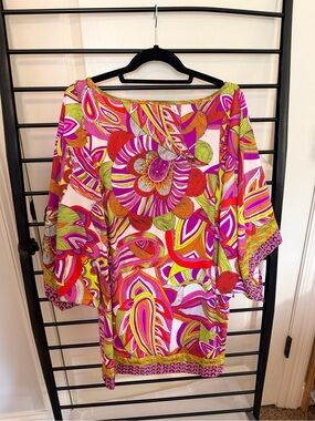 Trina Turk Colorful Floral Paisley Print Tunic Dress with Bell Sleeves